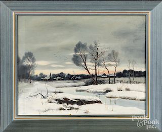 Oil on canvas primitive winter landscape