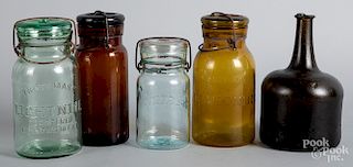 Four early colored glass mason jars, etc.