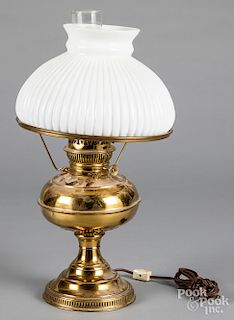 Brass fluid lamp with milk glass shade, 18 1/2" h