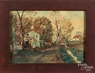Watercolor and gouache street scene