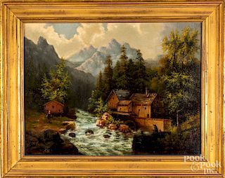 Oil on canvas landscape with mill, 19th c.,