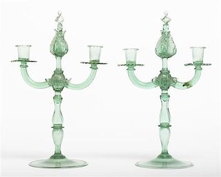 A Pair of Venetian Glass Two-Light Candelabra, Height 15 1/2 inches.