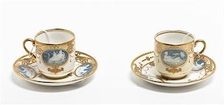A Pair of Minton Pate-sur-Pate Cabinet Cups and Saucers, Diameter of saucers 5 inches.