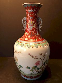 A Fine Chinese Famille Rose vase with flowers , marked Qianlong