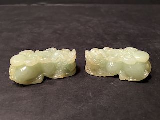 ANTIQUE Chinese Pair Green Jade Feicui Foo Dogs 