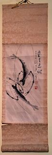 ANTIQUE Chinese or Japanese Watercolor Shrimps, marked. Late 19th C, 24" x 8"