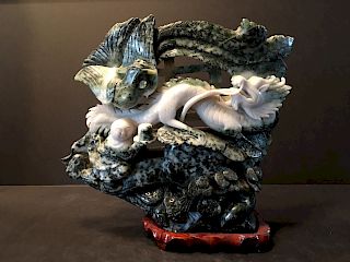 OLD CHINESE LargeSoup Stone Dragon Carvings