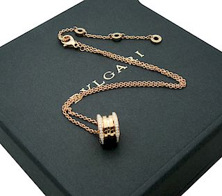 BVLGARI B. ZERO 1 18k Pink Gold Pave Diamonds Pendant w/ 18" Chain