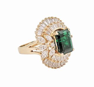 18k Yellow Gold 6.00 Ct Baguette Diamond Emerald Ring