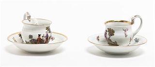 Two Meissen Porcelain Cups and Saucers, Height of cups 4 1/4 inches.