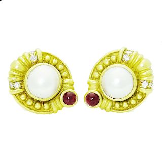 Judith Ripka 18k Diamond Ruby & Pearl Clip Earrings
