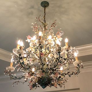 Murano painted tole & crystal chandelier