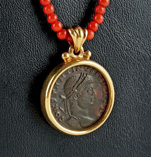 Roman Bronze Coin / 22K Gold Bezel Pendant, Coral Beads
