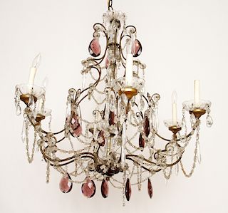 FRENCH WROUGHT IRON AND GLASS SIX ARM CHANDELIER