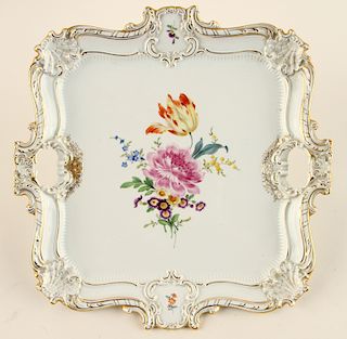 MEISSEN PORCELAIN HANDLED TRAY HAND PAINTED MOTIF