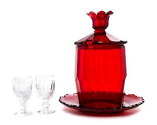 A Ruby Glass Lidded Punch Bowl and Undertray, Height of tallest 8 inches.