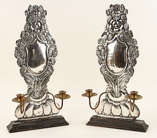 PAIR LATE 18TH C. SILVERPLATE MOUNTED SCONCES