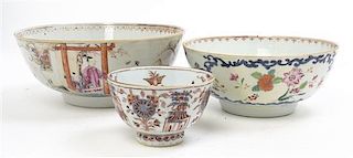 A Group of Three Chinese Export Porcelain Bowls, Diameter of largest 9 inches.