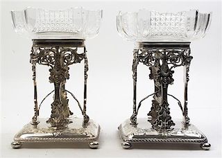 A Pair of English Tazzas in Silver-Plate Stands, Height 8 1/4 inches.