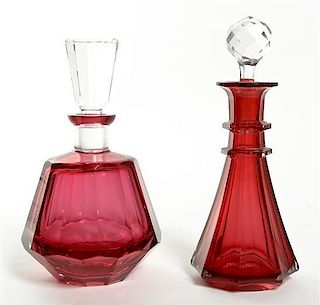 Two Cranberry Glass Decanters, Height of taller 9 5/8 inches.