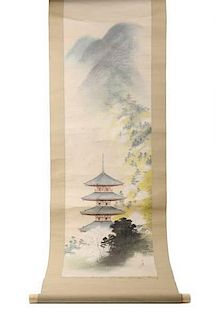 Japanese Hanging Scroll, Pagodas in Landscape