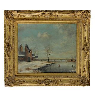 SIGNED: "J. SCHUIERMANN". WINTER LANDSCAPE WITH SKATERS. 19TH CENTURY. 