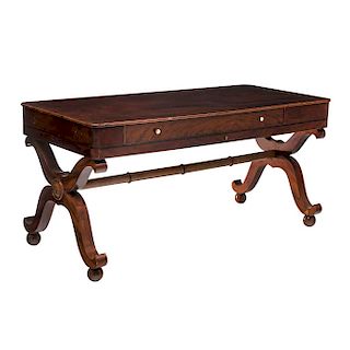 A VENEERED WOOD DESK/ CONSOLE TABLE, 19TH CENTURY.