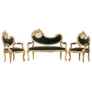 A LOUIS XV STYLE, CARVED GILT WOOD LIVING ROOM SET, FRANCE, CA. 1900. 
