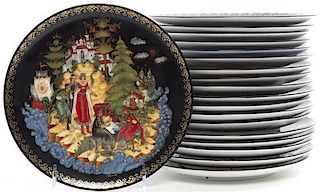 Nineteen Russian Transfer Decorated Porcelain Plates, Diameter 7 3/4 inches.