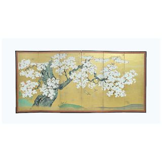 A JAPANESE SCREEN WITH CHERRY BLOSSOMS WITH SPARROWS, JAPAN, EARLY 20TH CENTURY. 