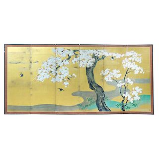 A JAPANESE SCREEN WITH CHERRY BLOSSOMS AND SWALLOWS, JAPAN, EARLY 20TH CENTURY.  