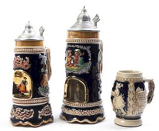 Three German Steins, Height of tallest overall 11 inches.