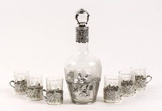 Sterling Overlay Decanter & 6 Glass Cordial Set