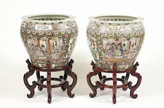 Pair of Rose Medallion Fish Bowls on Stands