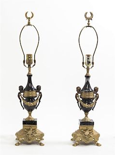 A Pair of Italian Neoclassical Style Onyx and Gilt Metal Mounted Table Lamps, Height overall 28 inches.