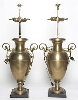 A Pair of Neoclassical Style Brass Table Lamps, Height overall 32 1/4 inches.