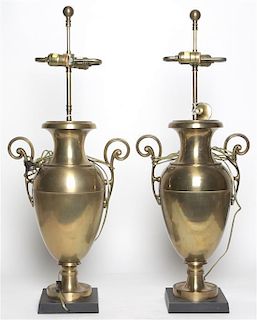 A Pair of Neoclassical Style Brass Table Lamps, Height overall 32 1/2 inches.