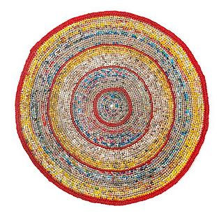 A Mexican Woven Blanket and an Edna Moeller Woven Plastic Floor Mat Diameter of cover approximately 30 inches.
