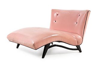 A Pink Vinyl Upholstered Chaise Longue Height 33 x width 37 inches.