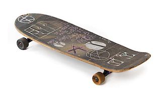 A Chalk-Decorated Skateboard Length 29 inches.