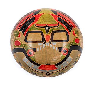 A Mayan Style Painted Wood Plaque Diameter 11 inches.
