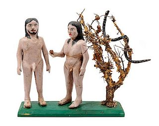 A Painted Wood "Adam and Eve" Sculpture, Inscribed Ildefonso Quinoz Height of Adam 13 inches.
