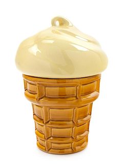 A Molded Glazed Ceramic "Ice Cream Cone" Cookie Jar Height 12 3/4 inches.