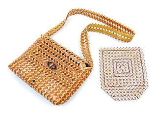 A Woven Camel Cigarette Wrapper Satchel and Trivet Width of satchel 10 1/2 inches.