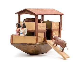 A Painted Wood "Ark" Sculpture Inscribed Ildefonso Quiroz Width 18 inches.