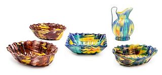 Five Mexican Drip-Ware Vessels, Oaxaca, circa 1940s-1970s Width of first 13 1/2 inches.