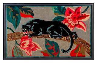 An American Hooked Rug Depicting a Panther 36 x 58 inches.