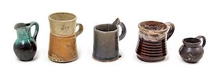 Five Ceramic Handled Vessels with Decorated Glazes Height of tallest 5 7/8 inches.