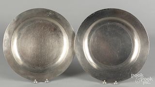 Two English pewter chargers