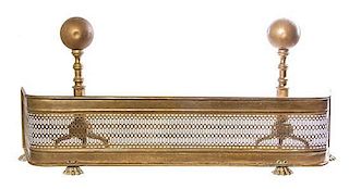 A Pair of Brass Andirons and Fireplace Surround, Length of surround 48 1/2 inches.
